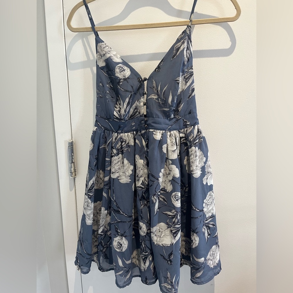 Blue Floral Mini Dress - V-Neck, Adjustable Straps & Button Detail